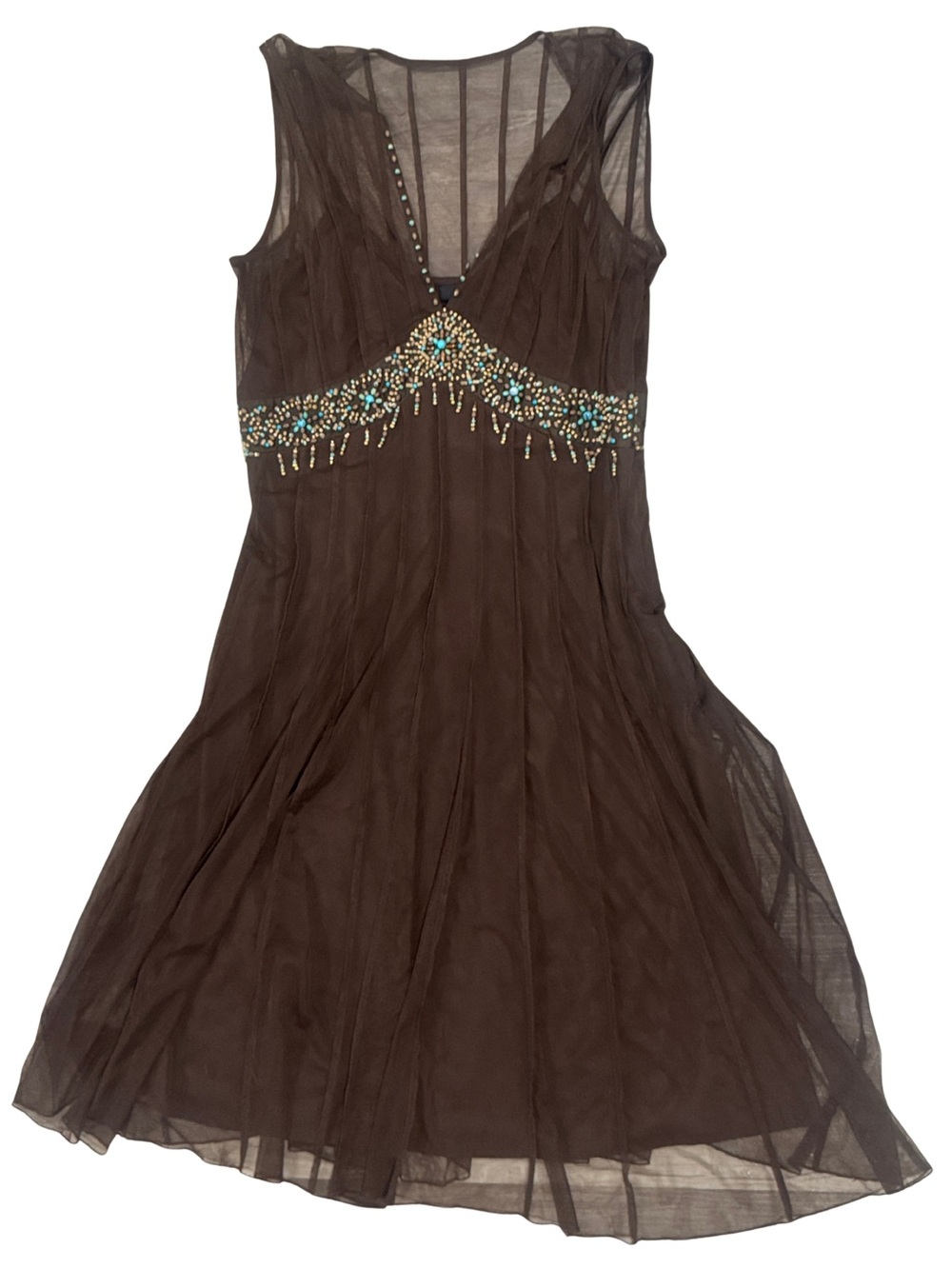 Mixit Brown Dress with Turquoise and Gold Bead Embellishment